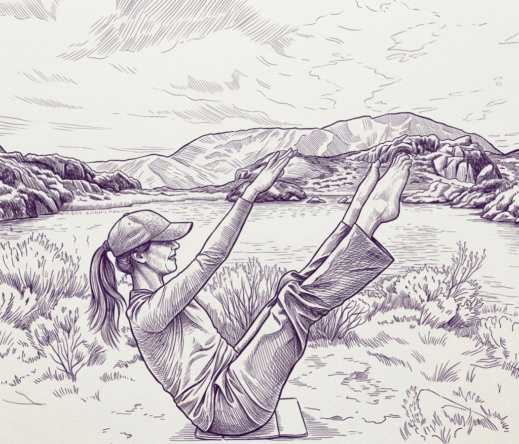 A line drawing depicting Pilates teacher Carla Hüsselmann demonstrating the Pilates exercise, Teaser, on the top of Haystacks Mountain in the Lake District